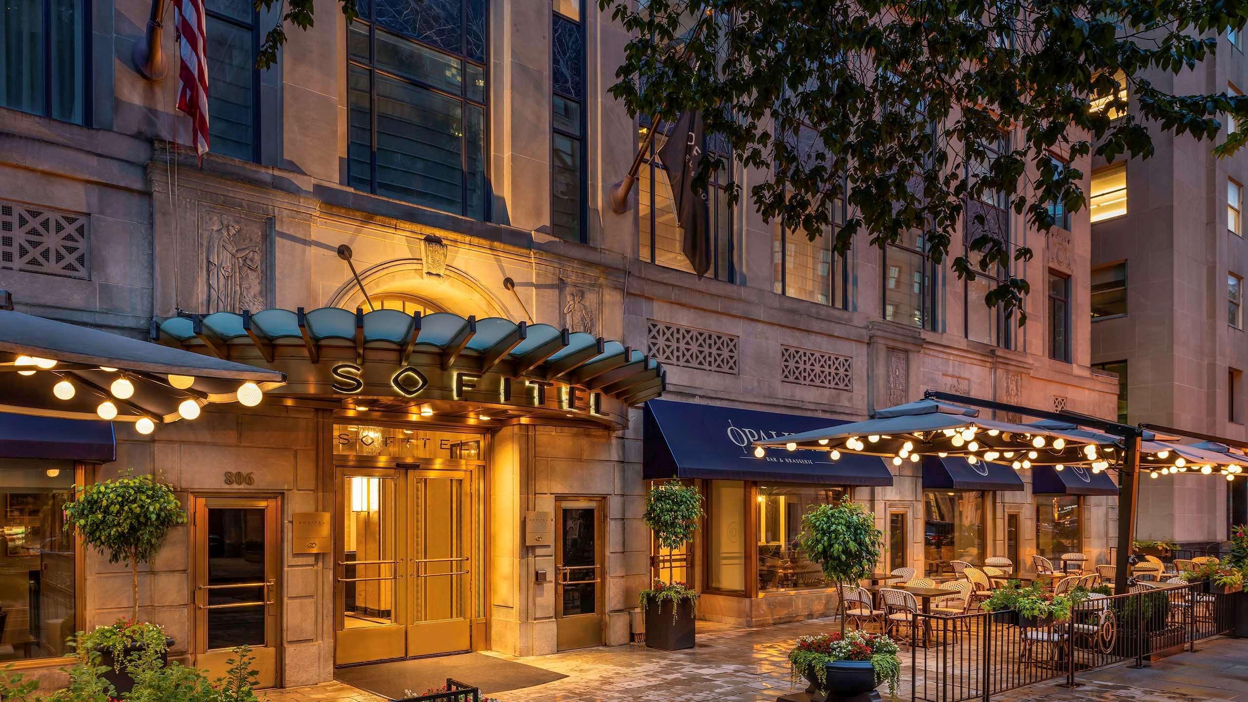 Sofitel Washington DC Lafayette Square entrance at dusk