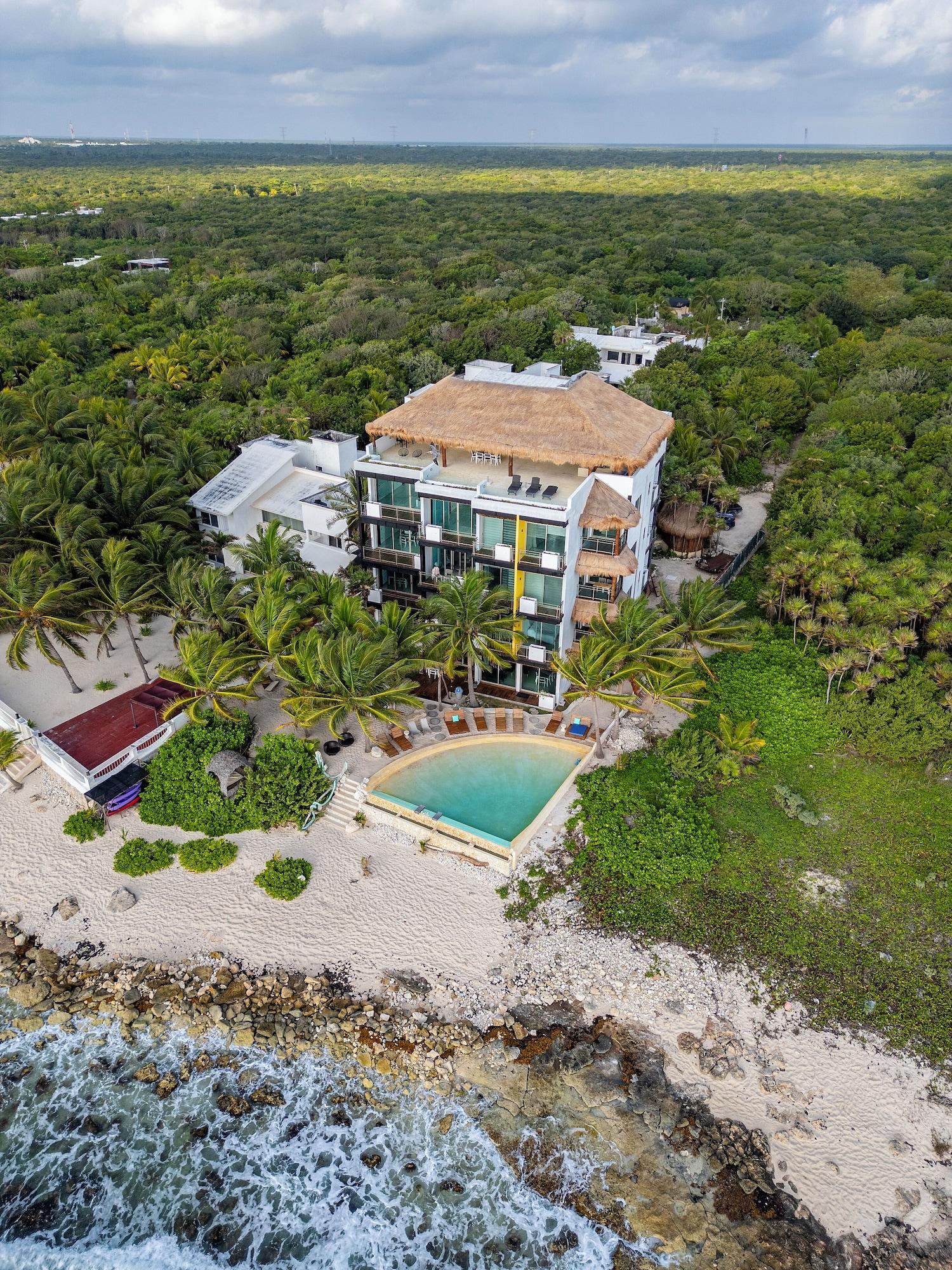 Vista Exterior Angelina 28 Beachfront and Family Apartments - Modern and Relaxing Long Stays (20 min from Cancun Airport)